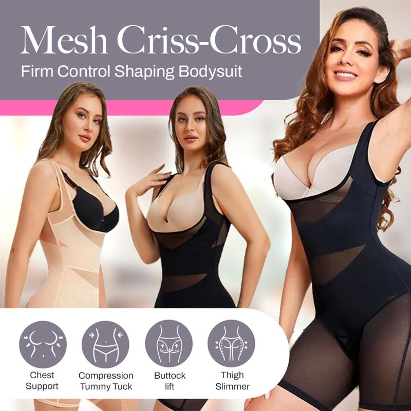 Mesh Criss-Cross Firm Control Shaping Bodysuit
