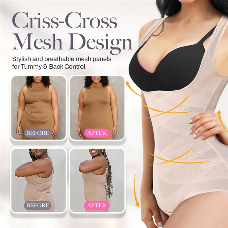 Mesh Criss-Cross Firm Control Shaping Bodysuit