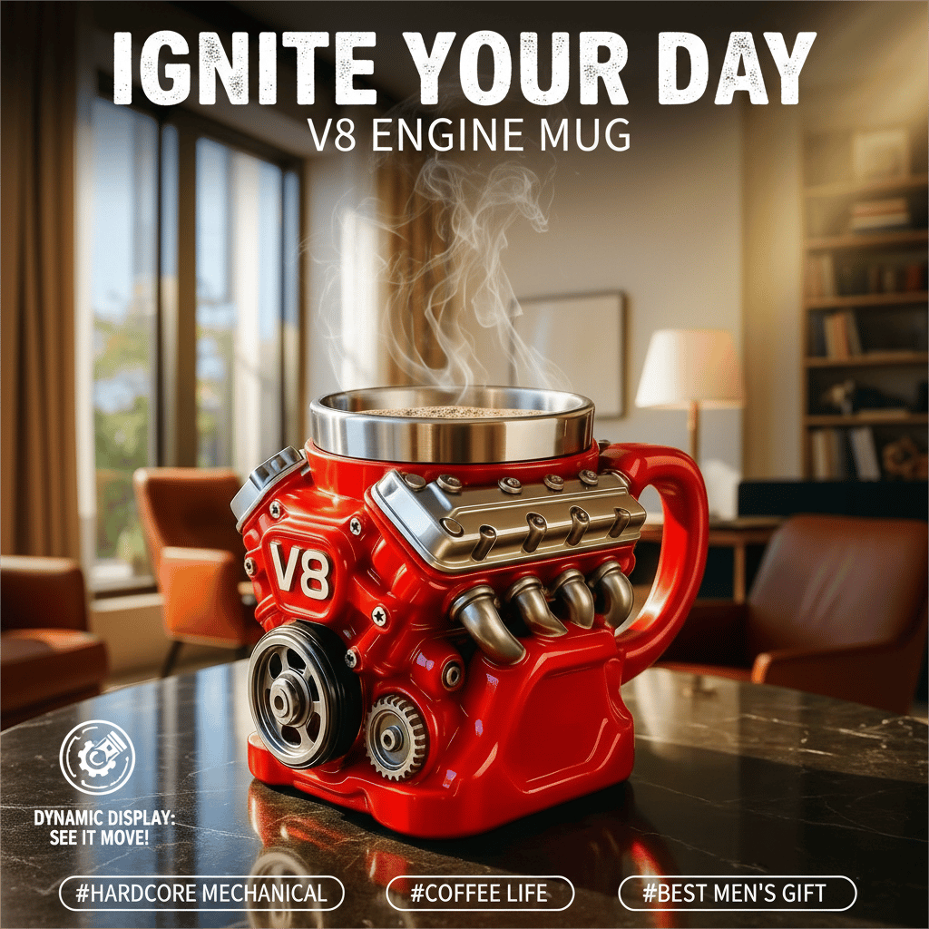 🔨✨Retro V8 Engine Coffee Mug – Realistic Design, Stainless Steel Construction