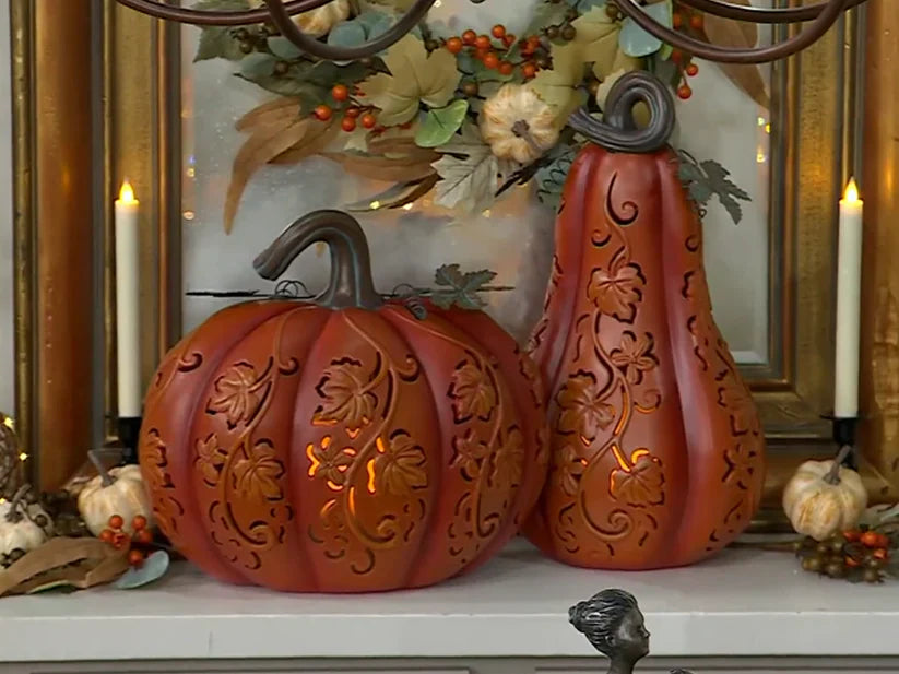 Set of 2 Indoor/Outdoor Illuminated Pumpkins and Oversized Lit Gourd by Valerie