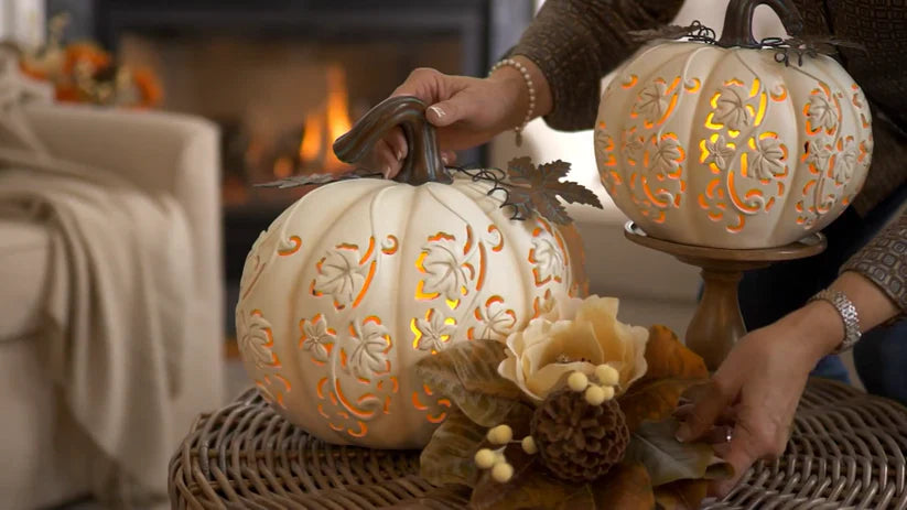 Set of 2 Indoor/Outdoor Illuminated Pumpkins and Oversized Lit Gourd by Valerie
