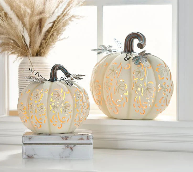 Set of 2 Indoor/Outdoor Illuminated Pumpkins and Oversized Lit Gourd by Valerie