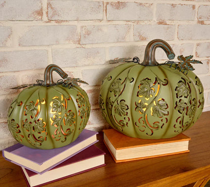 Set of 2 Indoor/Outdoor Illuminated Pumpkins and Oversized Lit Gourd by Valerie