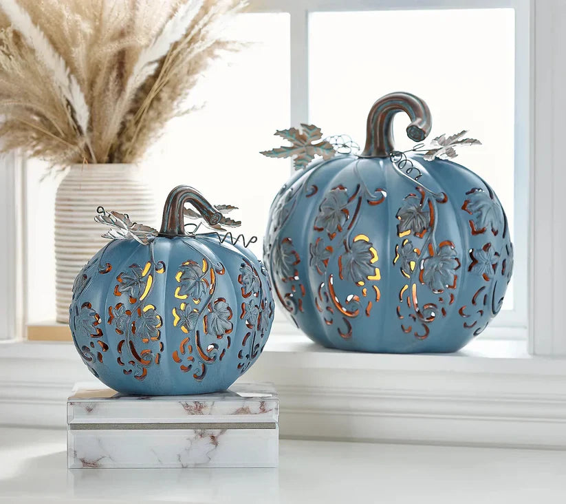 Set of 2 Indoor/Outdoor Illuminated Pumpkins and Oversized Lit Gourd by Valerie