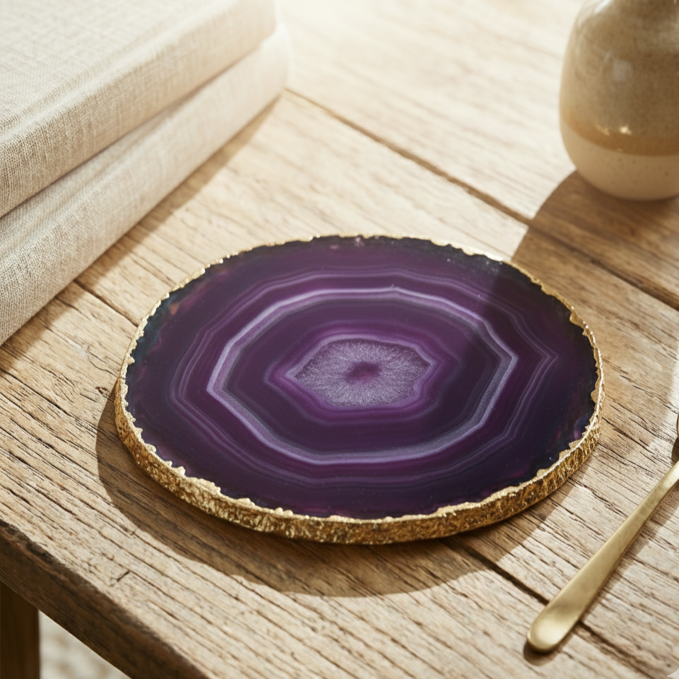 Large Gold Edge Agate Slice with Stand: Gift Boxed Coaster