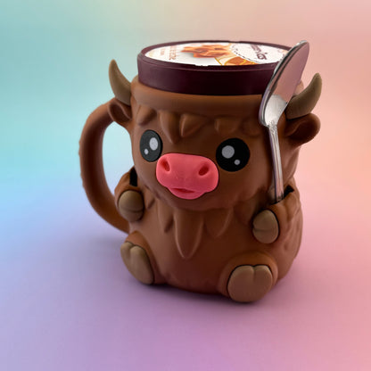 Ferdinand the Highland Cow Ice Cream Pint Holder – Cute Dessert Cozy with Hidden Snack Drawer – Fun Gift for Ice Cream Lovers & Cow Fans