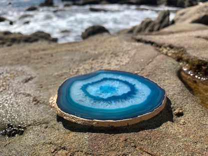 Large Gold Edge Agate Slice with Stand: Gift Boxed Coaster